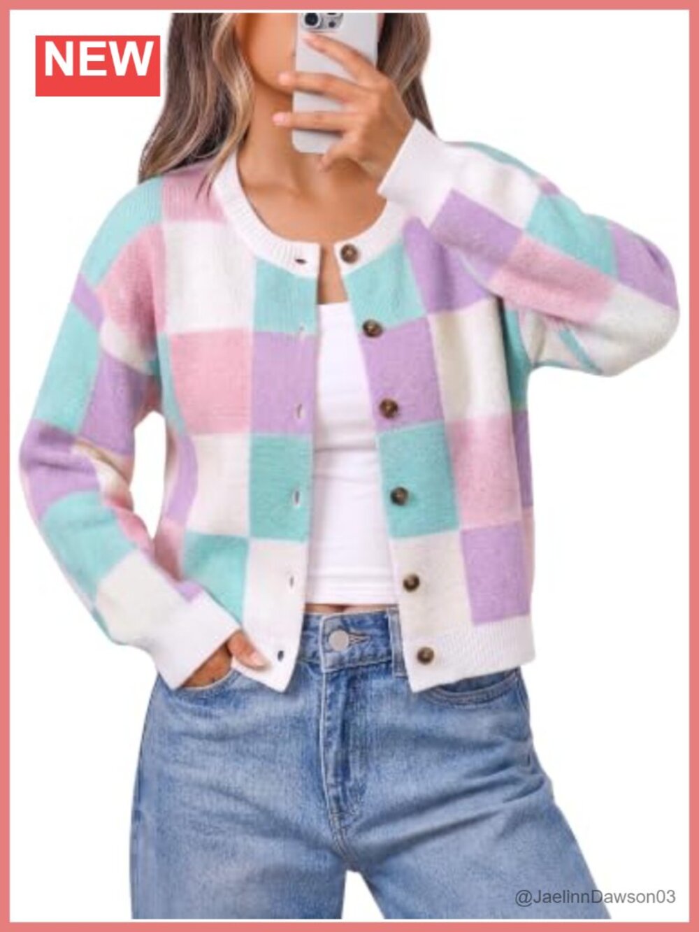 Womens Cropped Color Block Cardigan Button Up Knit Sweater